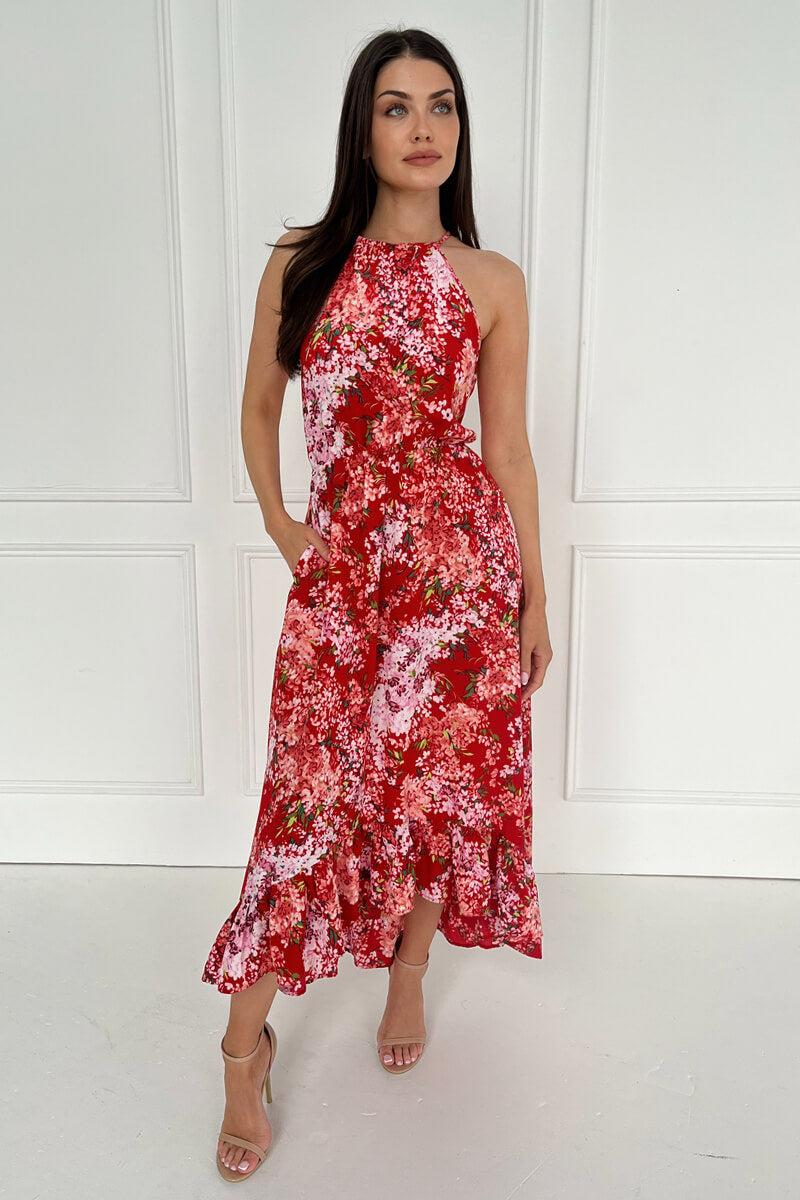 ax paris Red Floral Printed Frill Hem High Neck Midi Dress