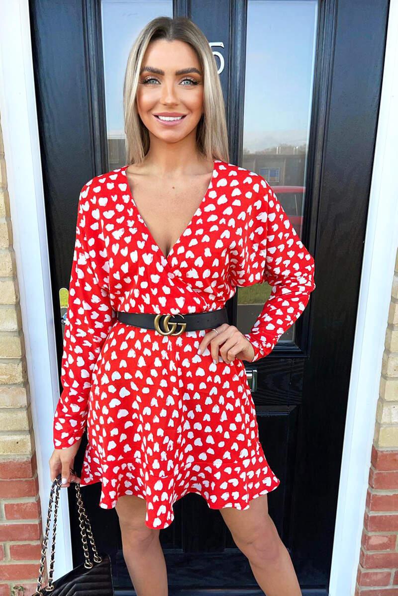 Ax Paris Red Heart Print Long Sleeve Wrap Skater Dress