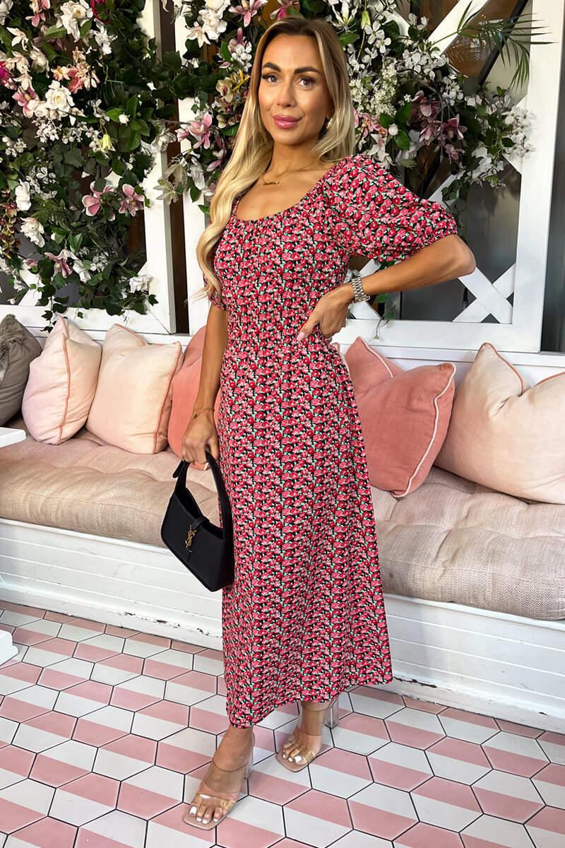 Ax Paris Red Multi Floral Printed Puff Sleeve Midi Dress