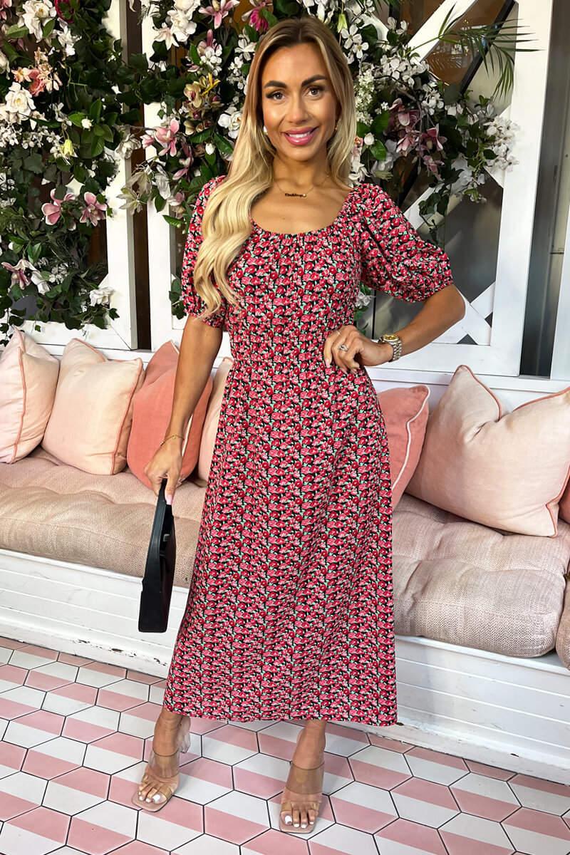 Ax Paris Red Multi Floral Printed Puff Sleeve Midi Dress
