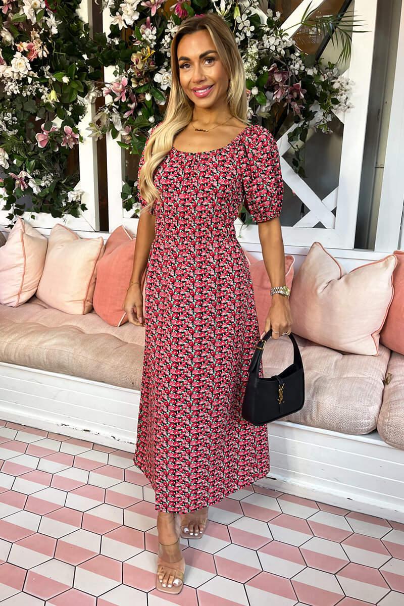 Ax Paris Red Multi Floral Printed Puff Sleeve Midi Dress