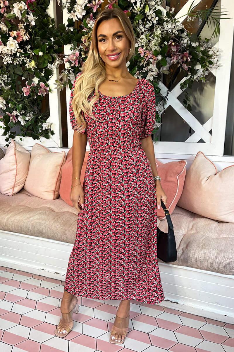 ax paris Red Multi Floral Printed Puff Sleeve Midi Dress