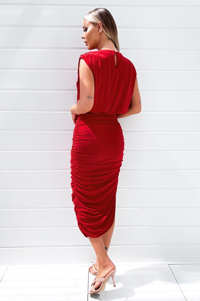 Ax Paris Red Pleated Shoulder Sleeveless Bodycon Dress
