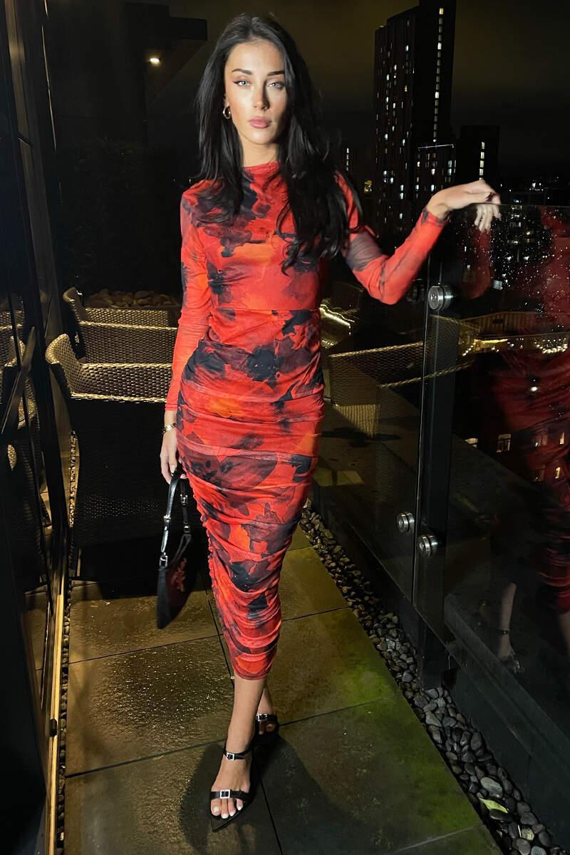 Ax Paris Red Printed Mesh Long Sleeve Bodycon Midi Dress