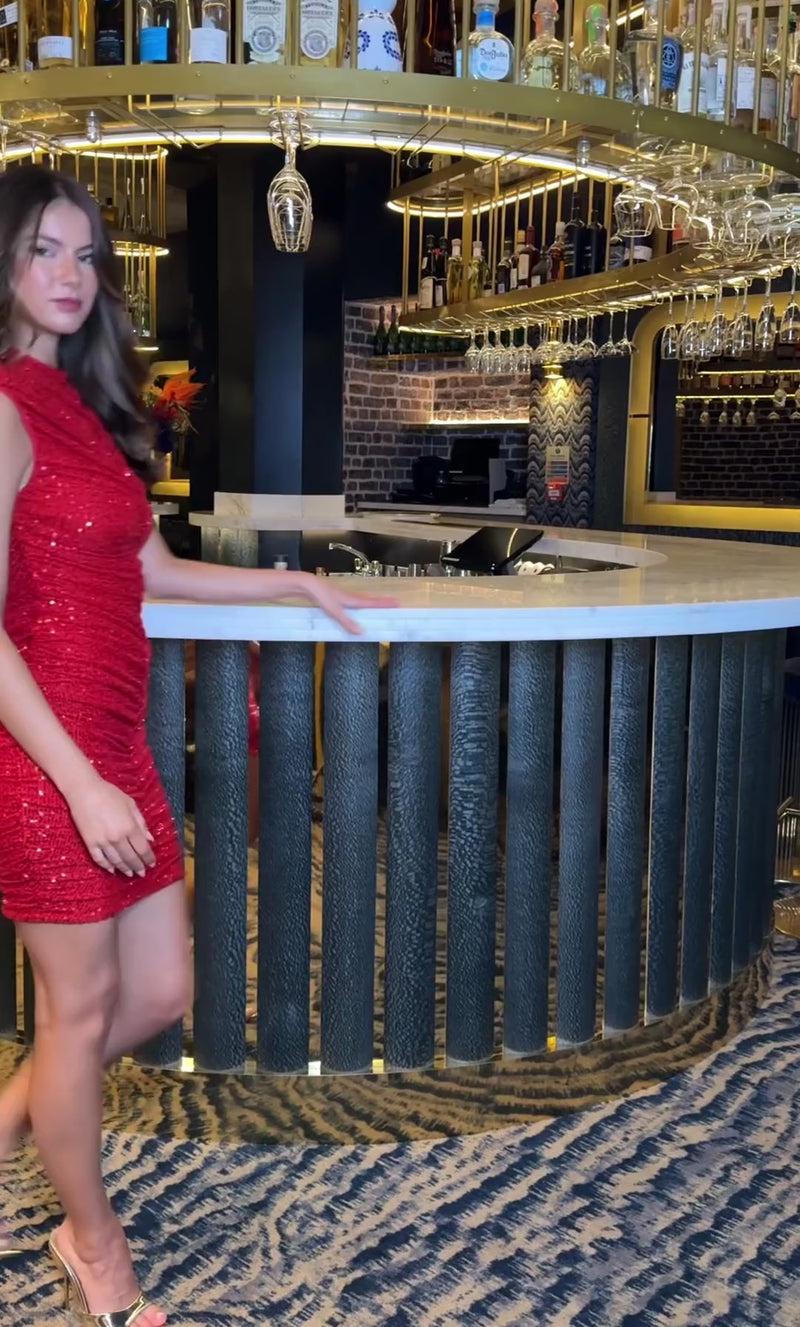 Ax Paris Red Sequin High Neck Ruched Bodycon Mini Dress