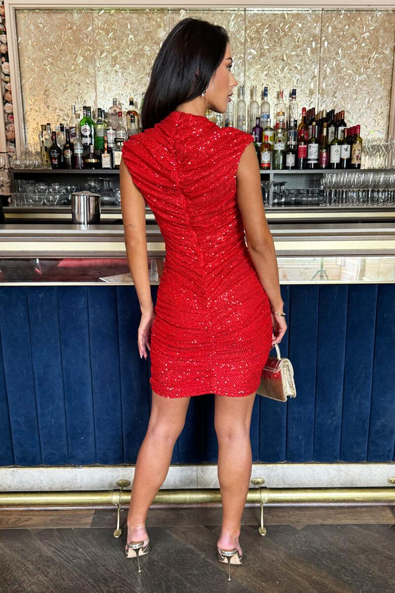 Ax Paris Red Sequin High Neck Ruched Bodycon Mini Dress