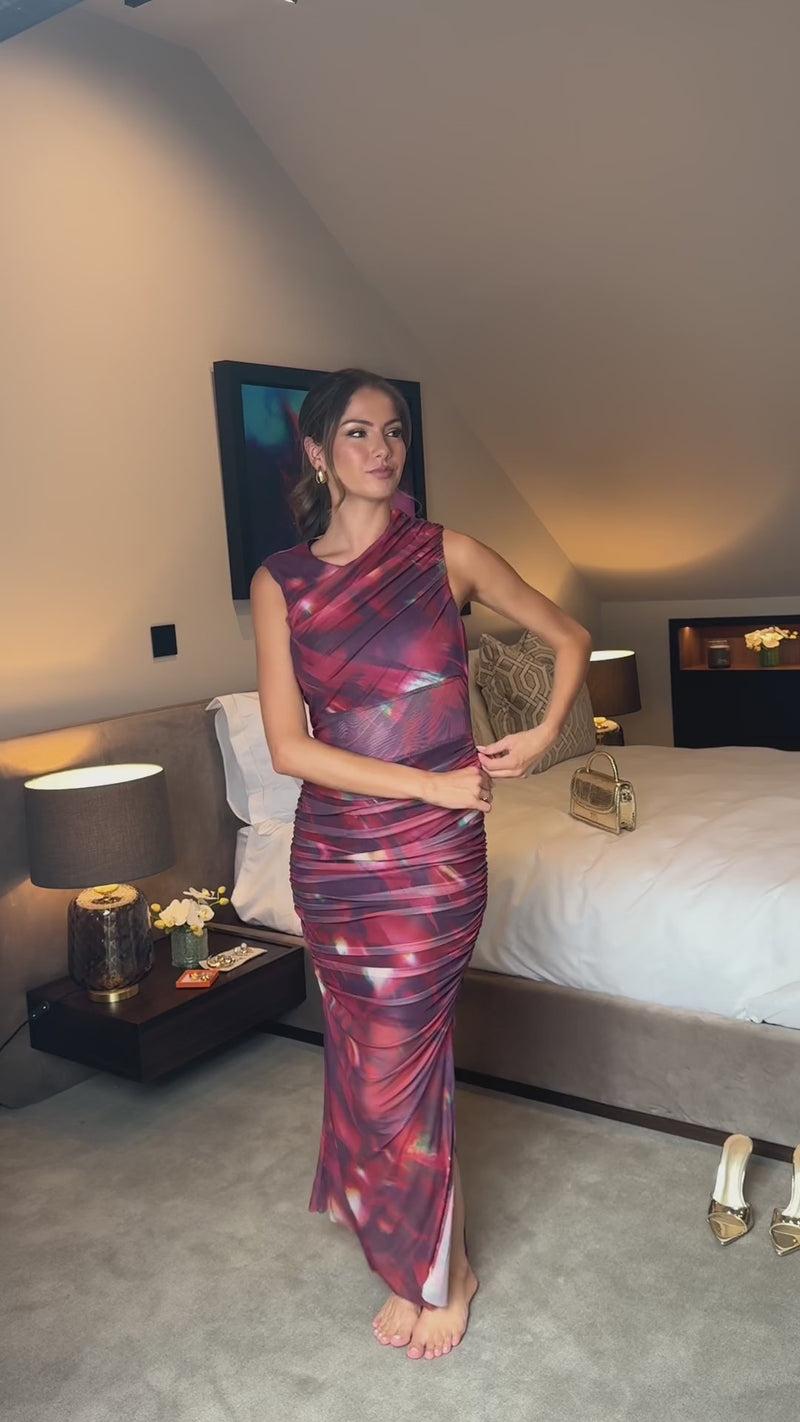 Ax Paris Red Tie Dye Print Ruched Bodycon Mesh Midi Dress