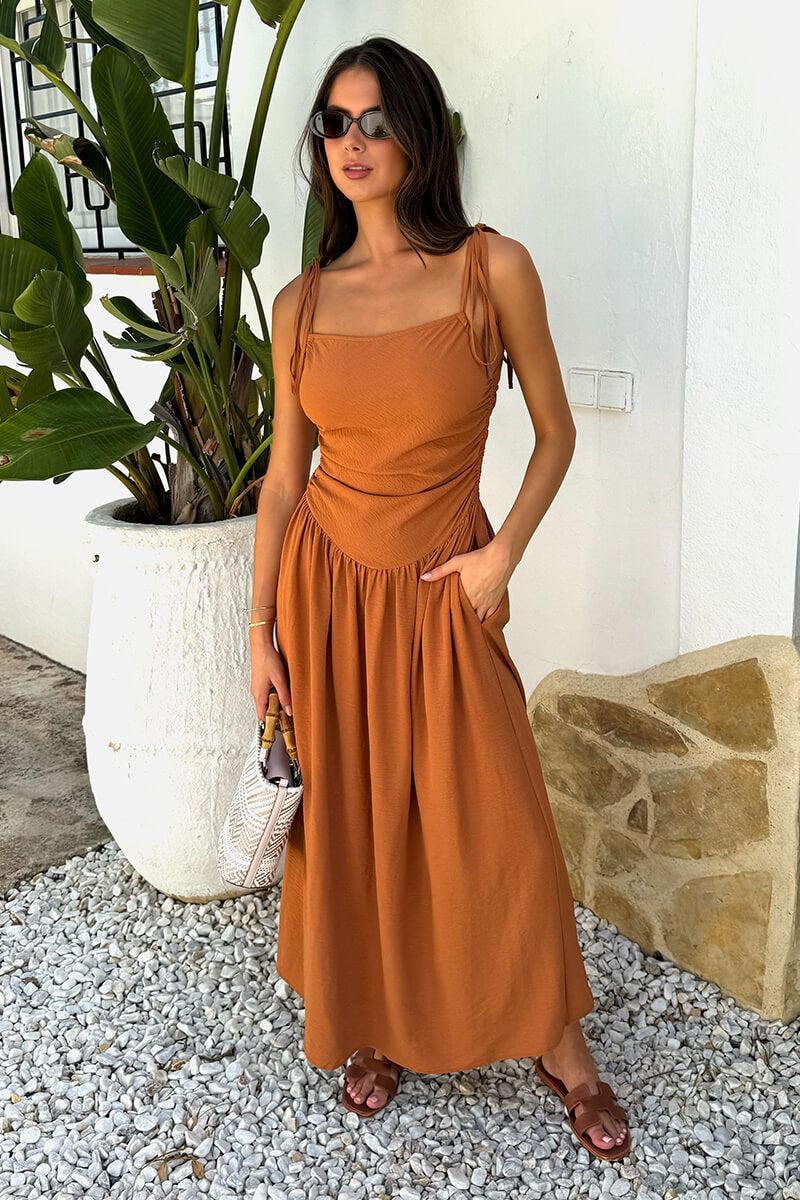 Ax Paris Rust Drawstring Tie Straps Ruched Top Midi Dress