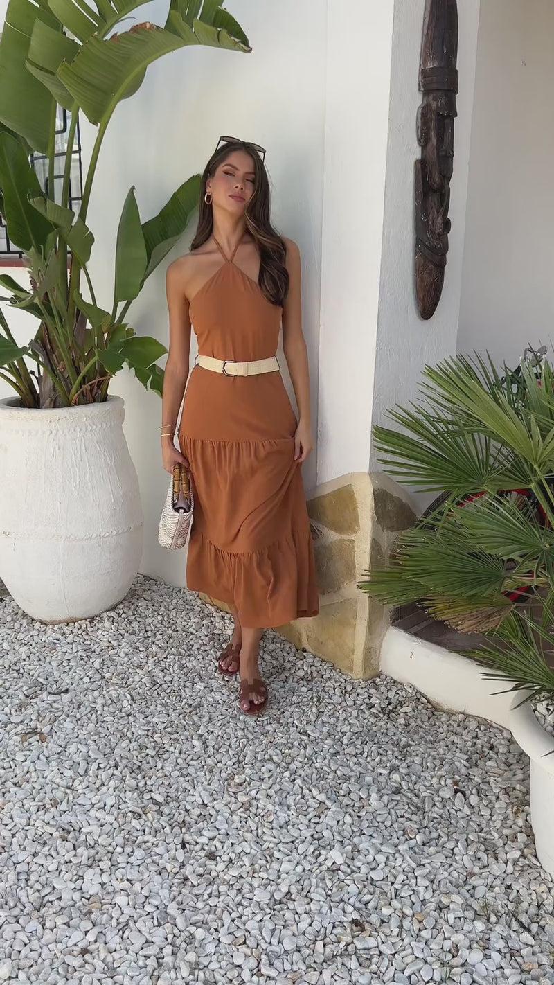 Ax Paris Rust Halterneck Straw Belt Tiered Midi Dress