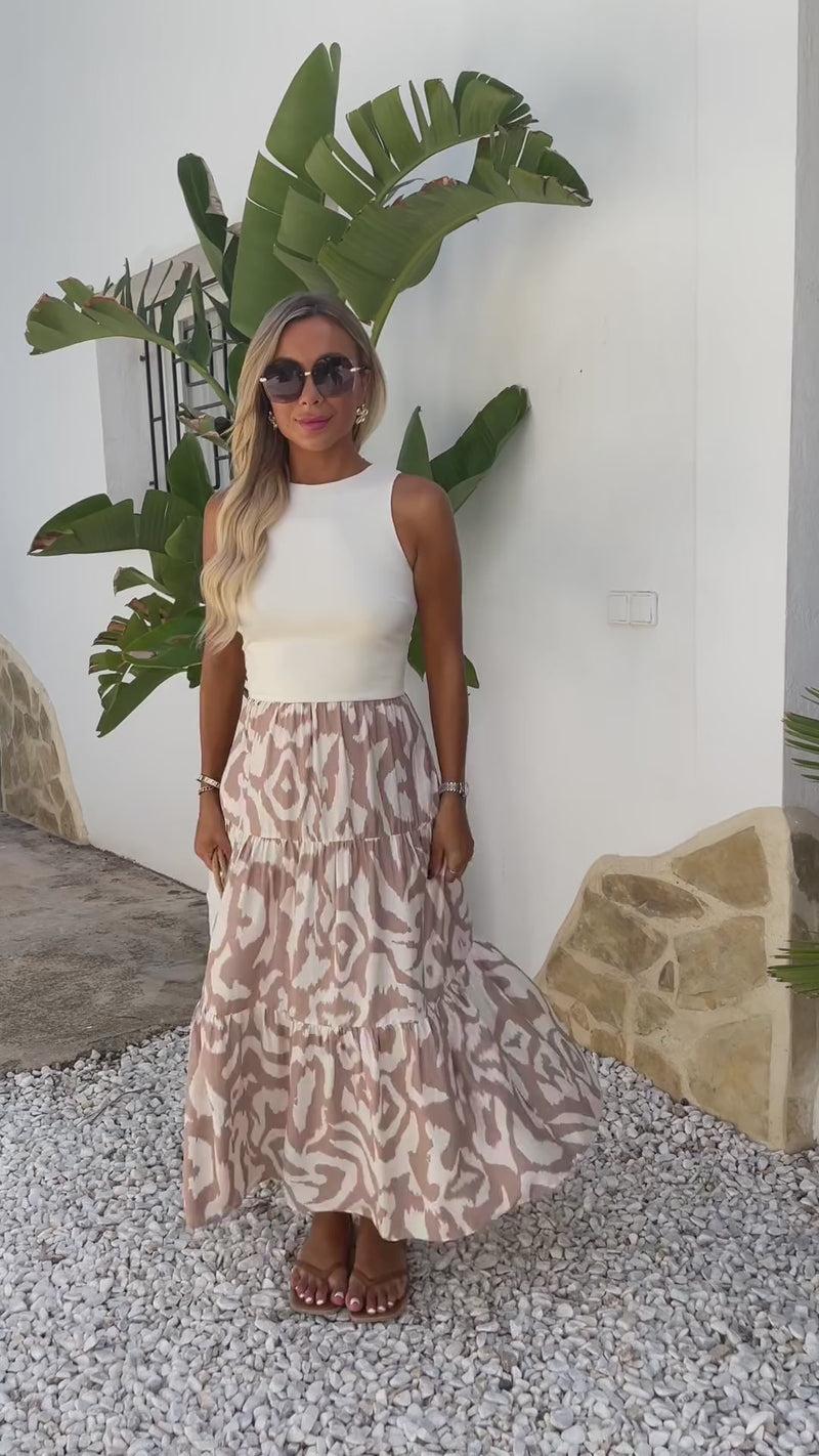 Ax Paris Stone And Cream Abstract Print 2 In 1 Smock Midi Dress