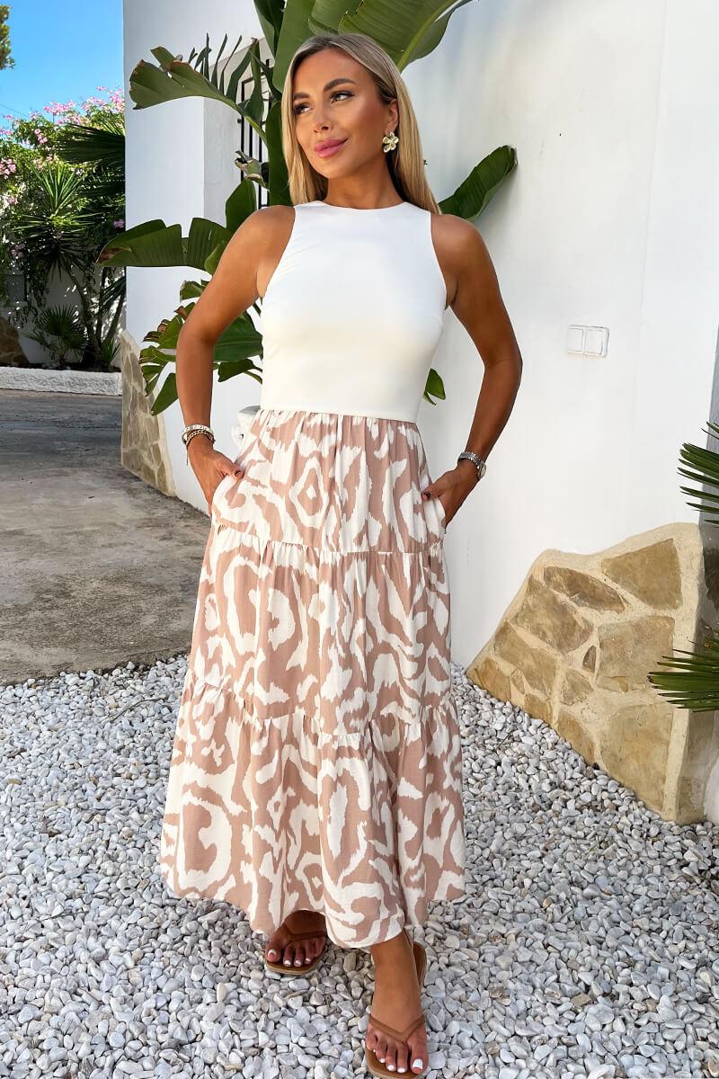 Ax Paris Stone And Cream Abstract Print 2 In 1 Smock Midi Dress