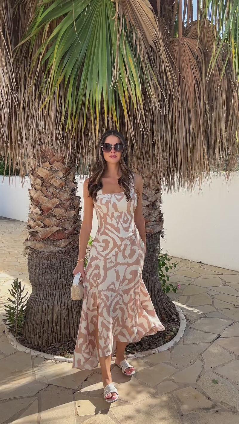 Ax Paris Stone And Cream Abstract Print Shirred Straps Button Detail Midi Dress