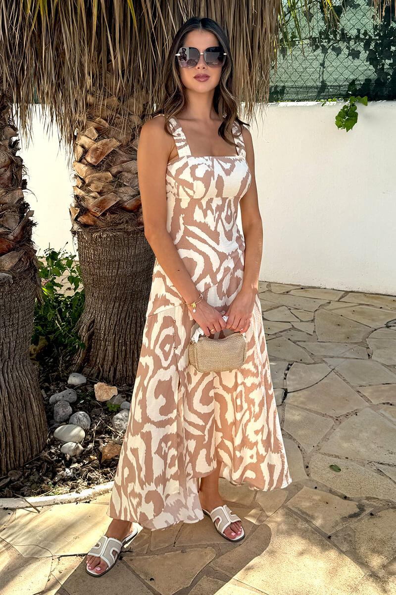 Ax Paris Stone And Cream Abstract Print Shirred Straps Button Detail Midi Dress