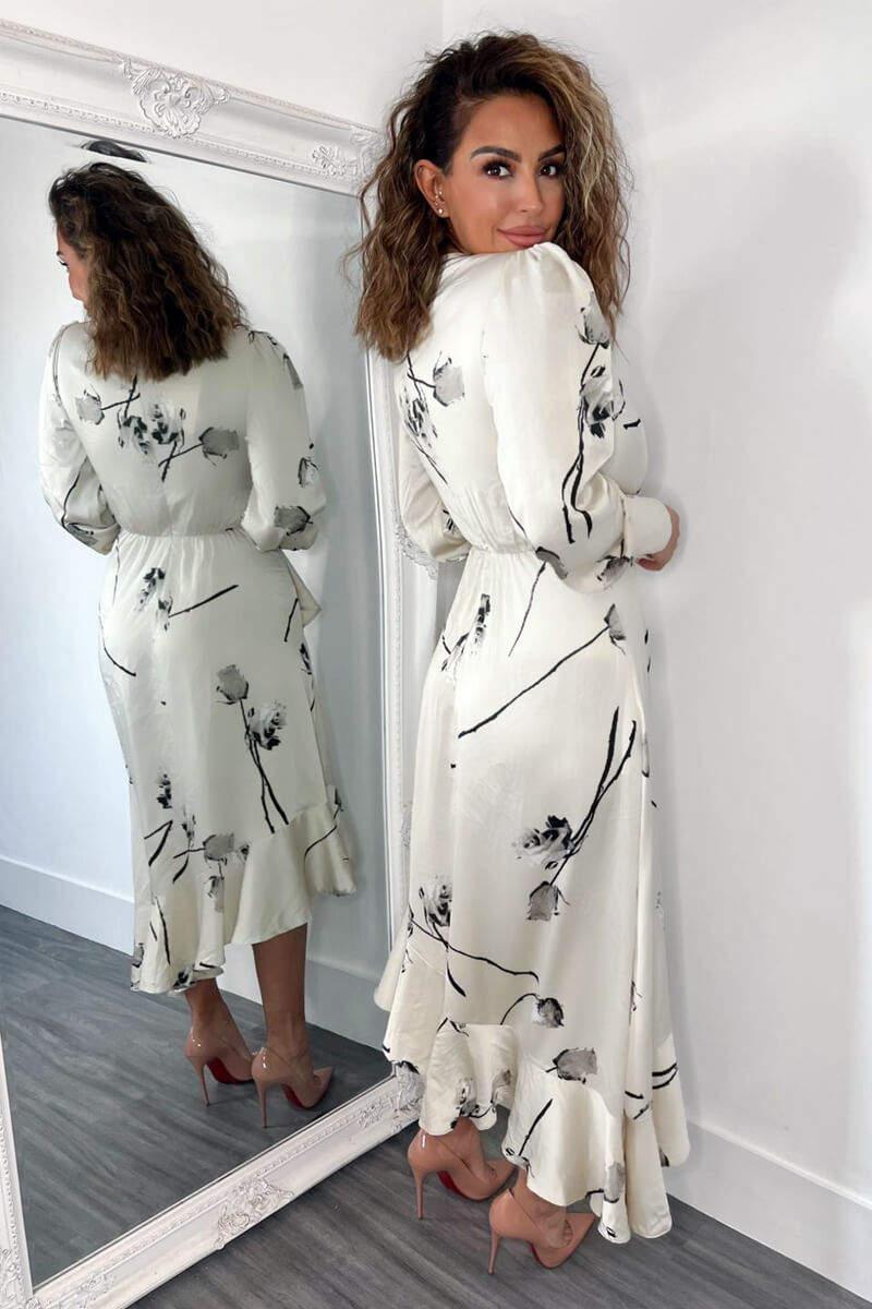 Ax Paris Stone Floral Printed Wrap Over Long Sleeve Dress