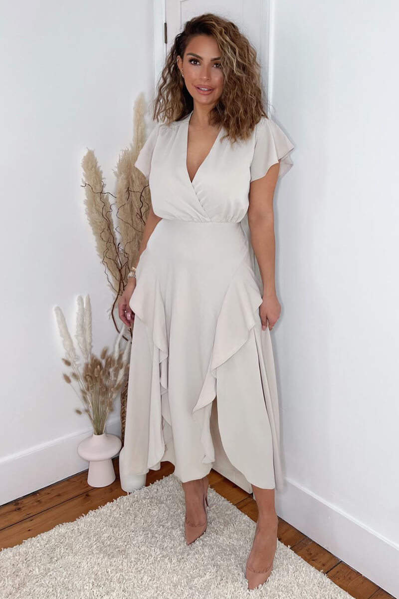 Ax Paris Stone Frill Detail Double Split Skirt Midi Dress