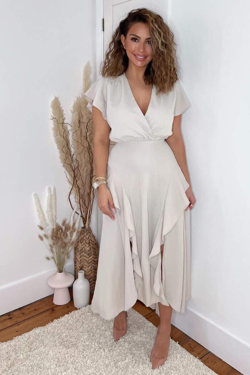 Ax Paris Stone Frill Detail Double Split Skirt Midi Dress