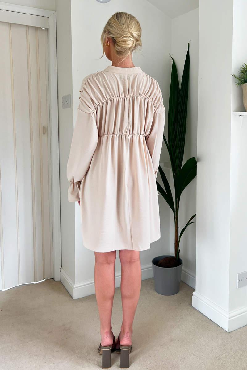 Ax Paris Stone Long Sleeve Gathered Detail Button Front Dress