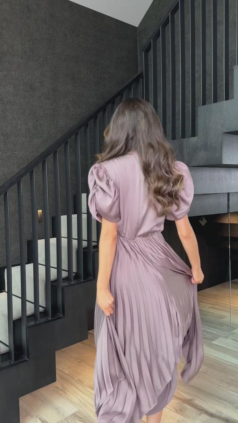 Ax Paris Taupe High Neck Puff Sleeve Zig Zag Hem Pleated Midi Dress