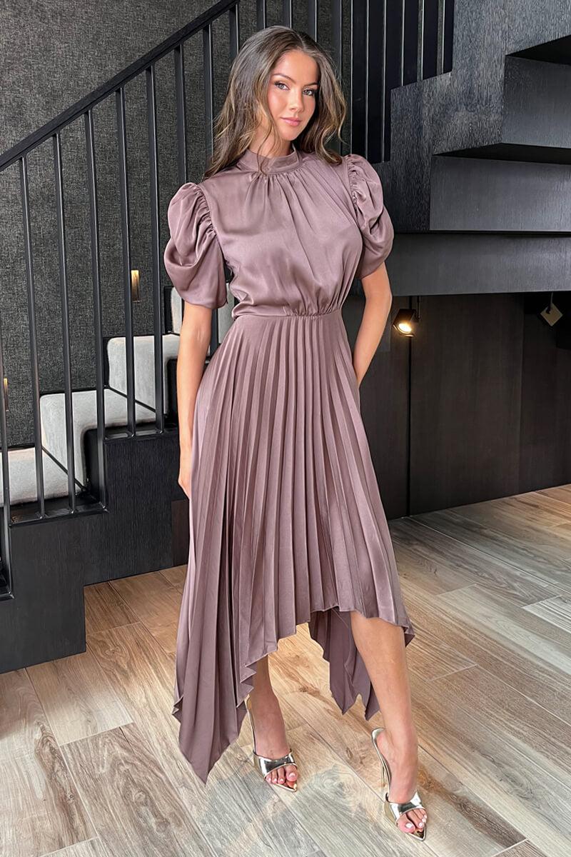 Ax Paris Taupe High Neck Puff Sleeve Zig Zag Hem Pleated Midi Dress