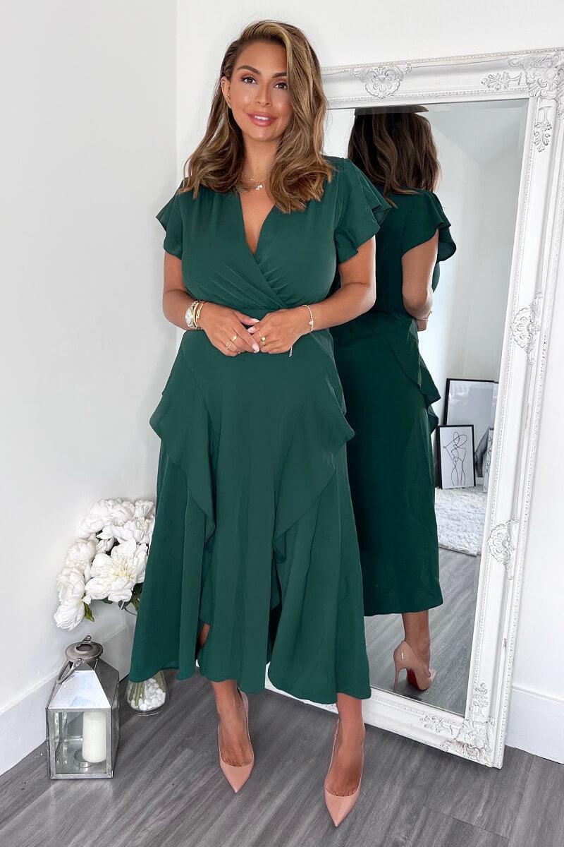 Ax Paris Teal Frill Detail Double Split Skirt Midi Dress