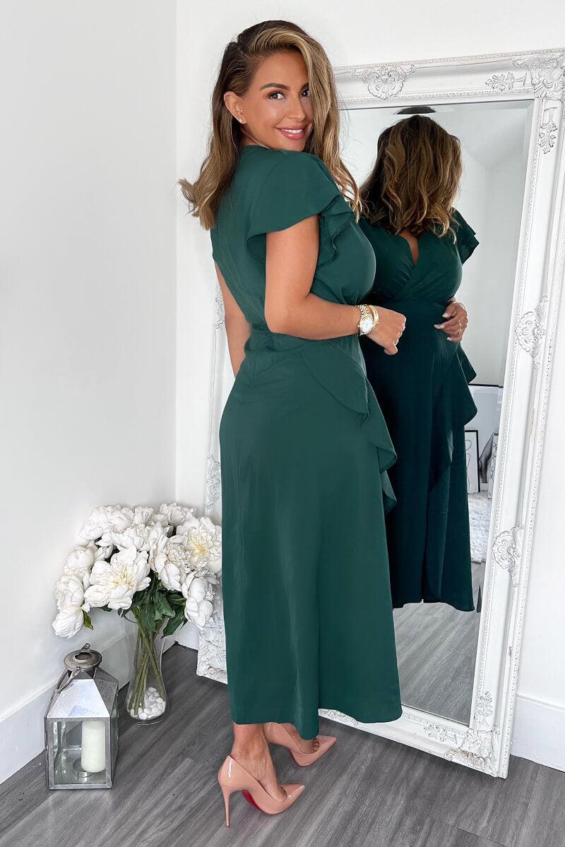 Ax Paris Teal Frill Detail Double Split Skirt Midi Dress