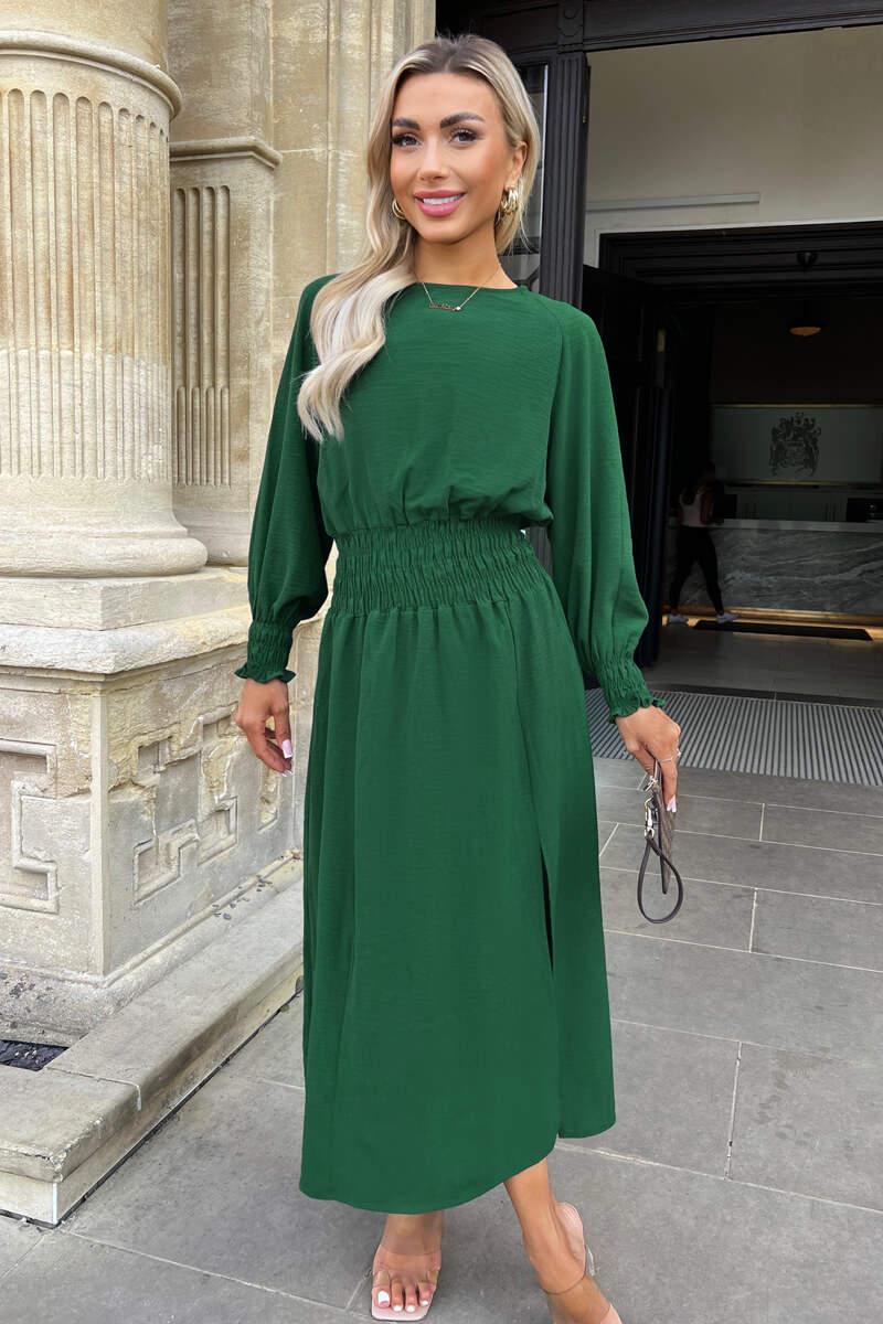 Ax Paris Teal Long Sleeve Shirred Detail Midi Dress