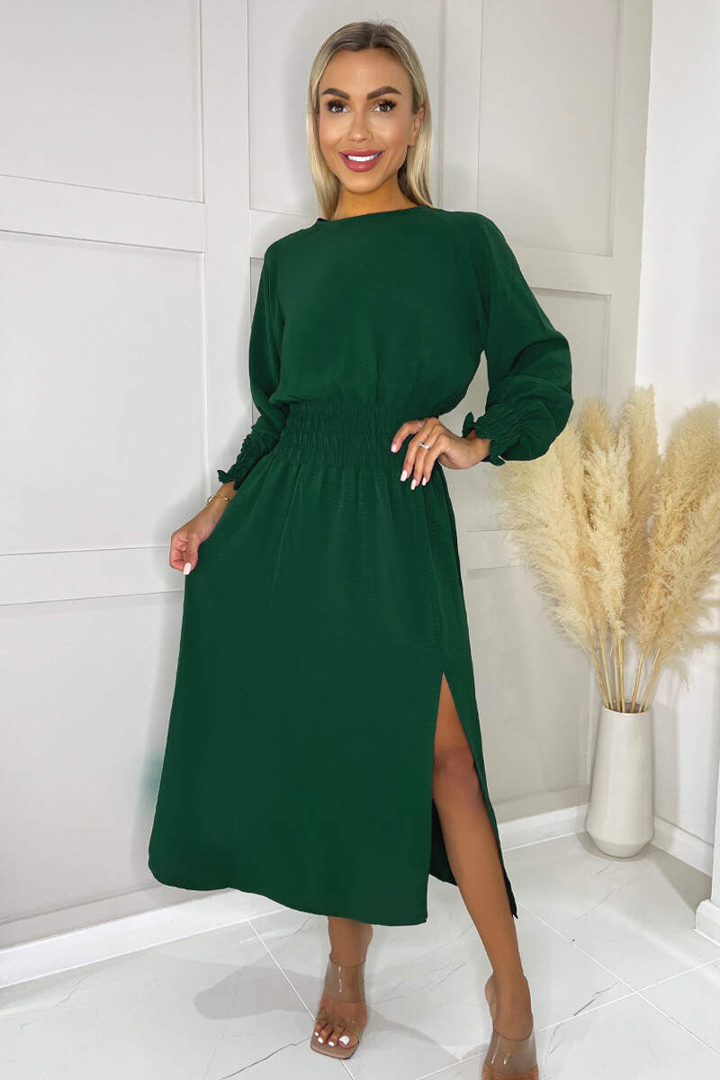 Ax Paris Teal Long Sleeve Shirred Detail Midi Dress