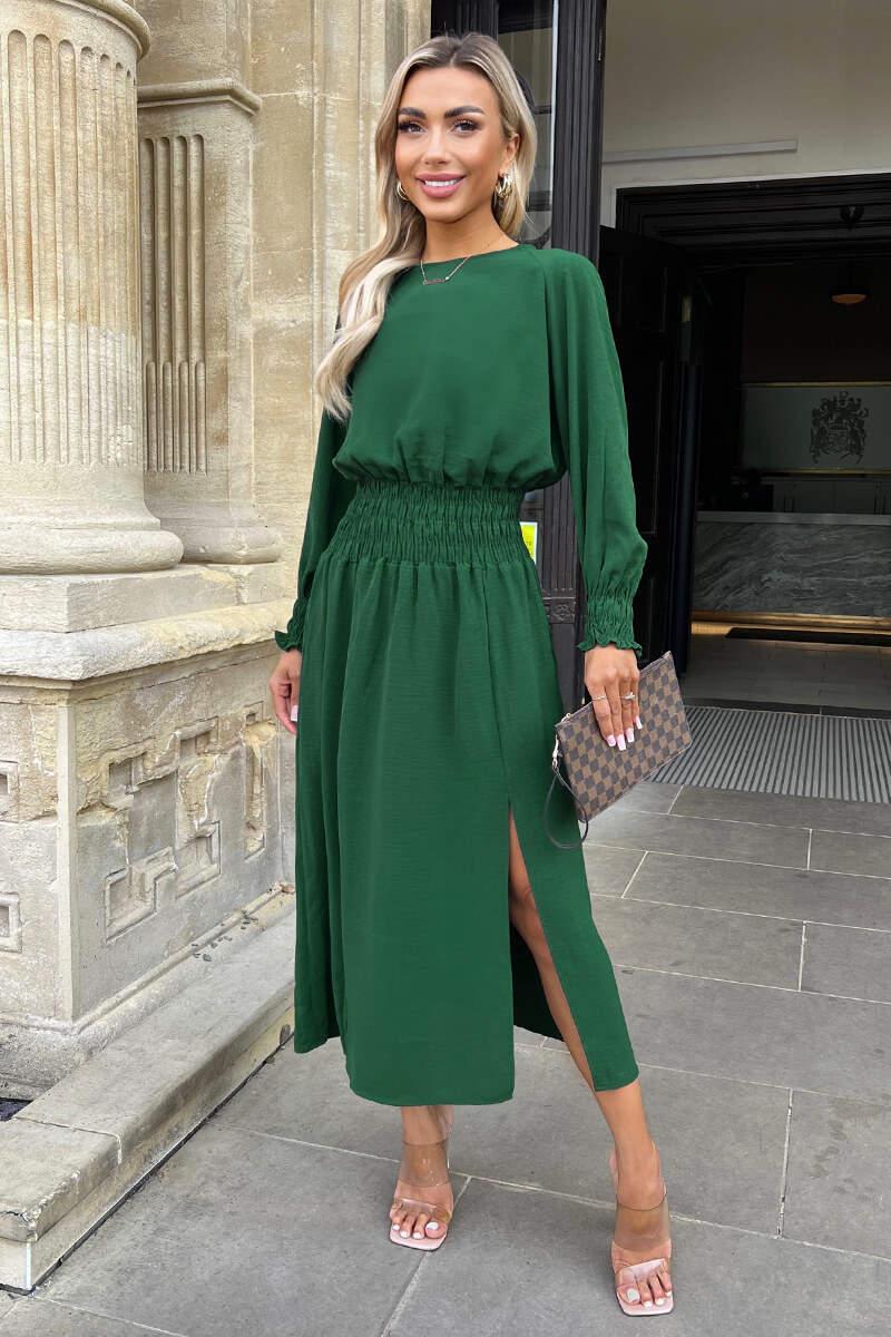 ax paris Teal Long Sleeve Shirred Detail Midi Dress