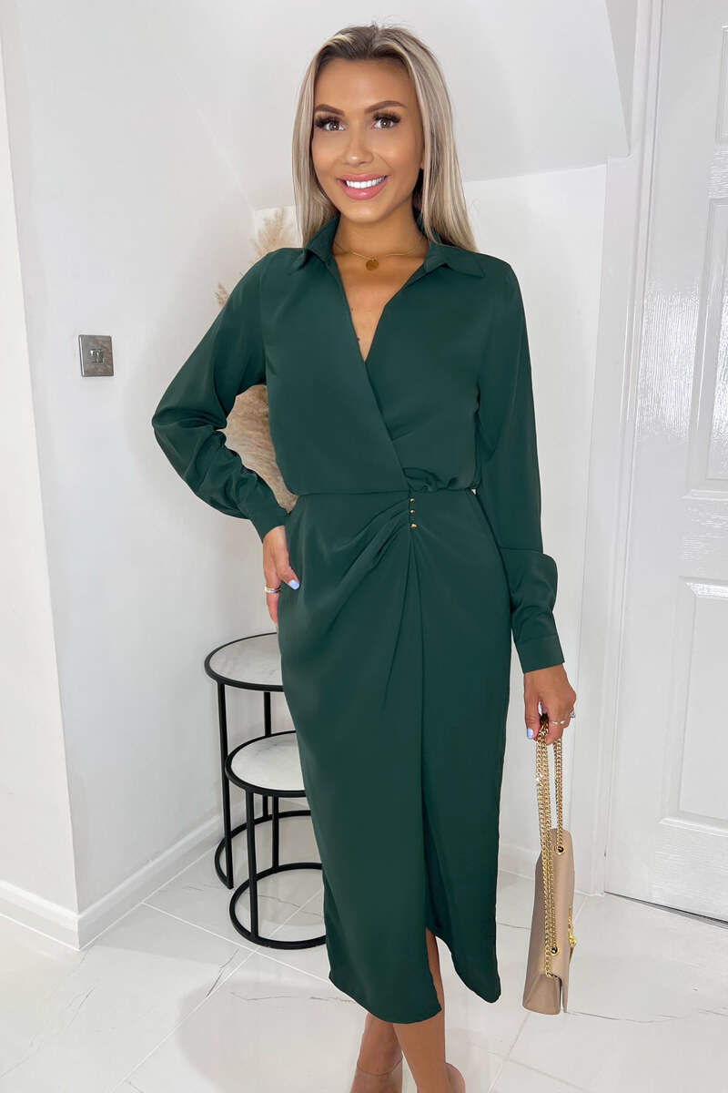 Ax Paris Teal Long Sleeve Side Ruched Wrap Over Midi Dress