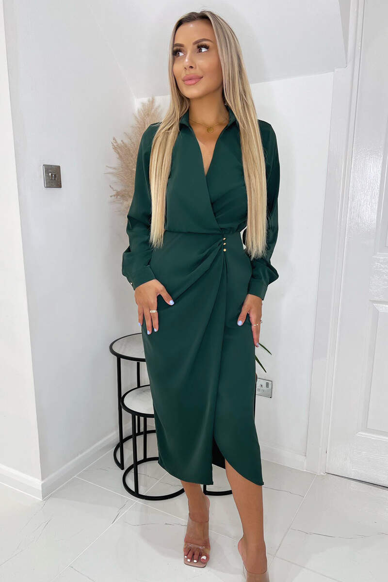 Ax Paris Teal Long Sleeve Side Ruched Wrap Over Midi Dress