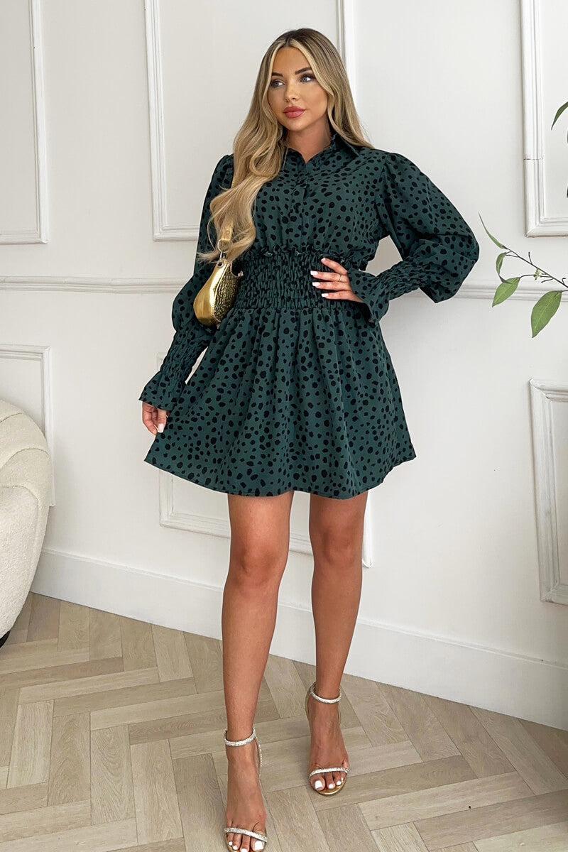 Ax Paris Teal Printed Shirred Detail Long Sleeve Shirt Skater Dress