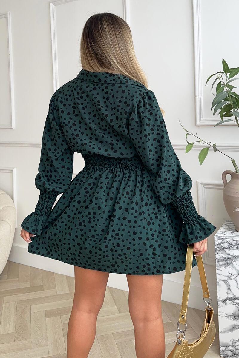 Ax Paris Teal Printed Shirred Detail Long Sleeve Shirt Skater Dress