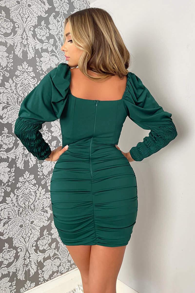 Ax Paris Teal Shirred Sleeve Ruched Skirt Mini Bodycon Dress
