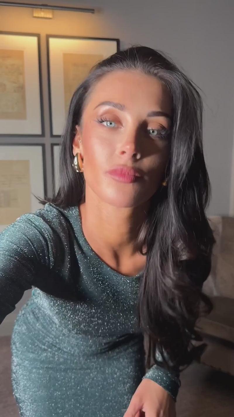 Ax Paris Teal Sparkle Long Sleeve Cut Out Ruched Bodycon Midi Dress