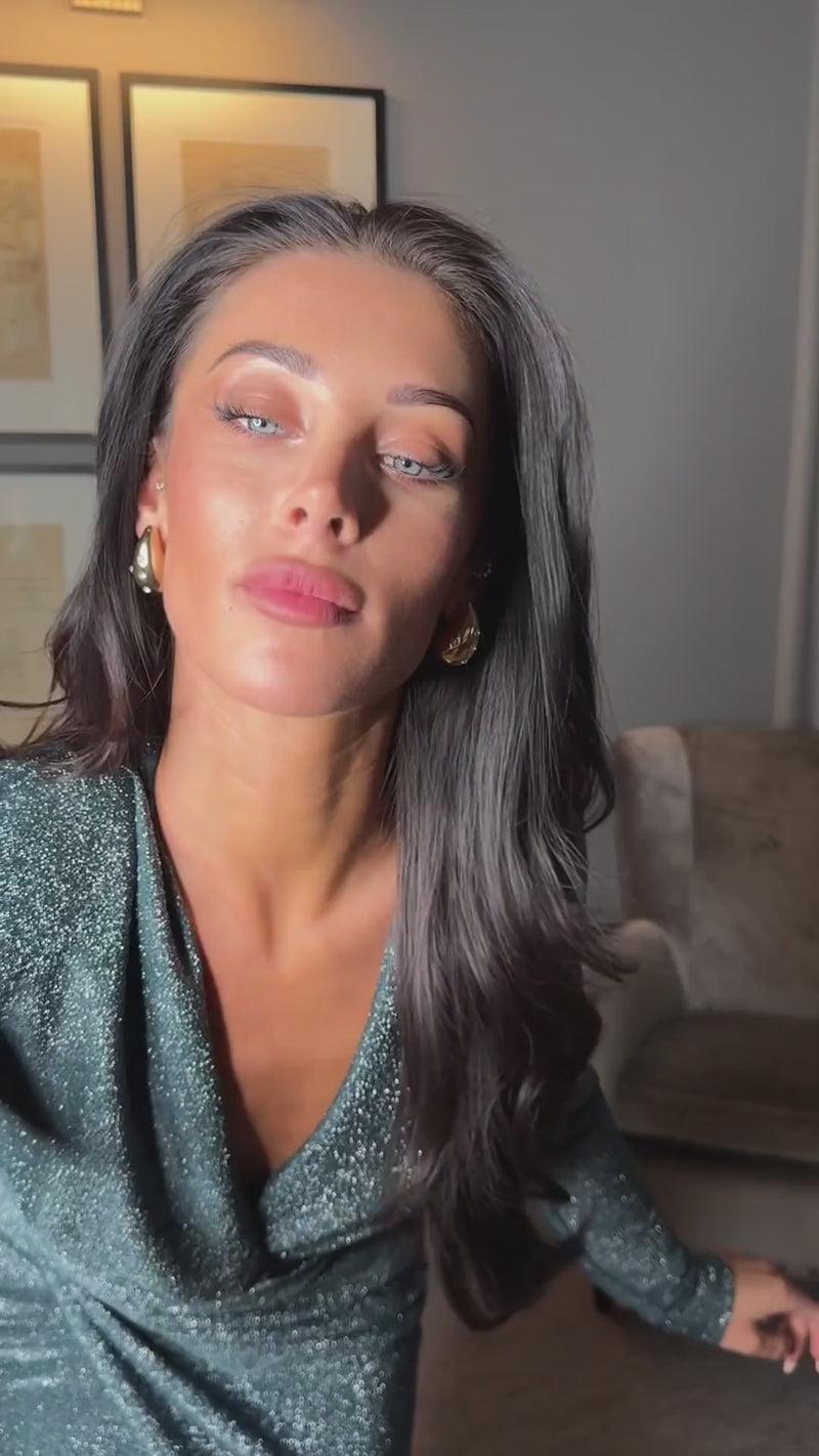 Ax Paris Teal Sparkle Long Sleeve Draped Waist Wrap Midi Dress