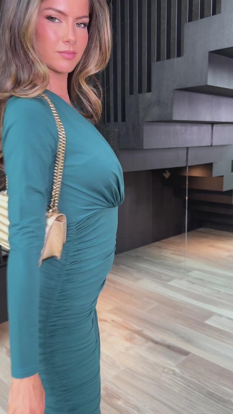 Ax Paris Teal Wrap Top Long Sleeve Ruched Bodycon Midi Dress