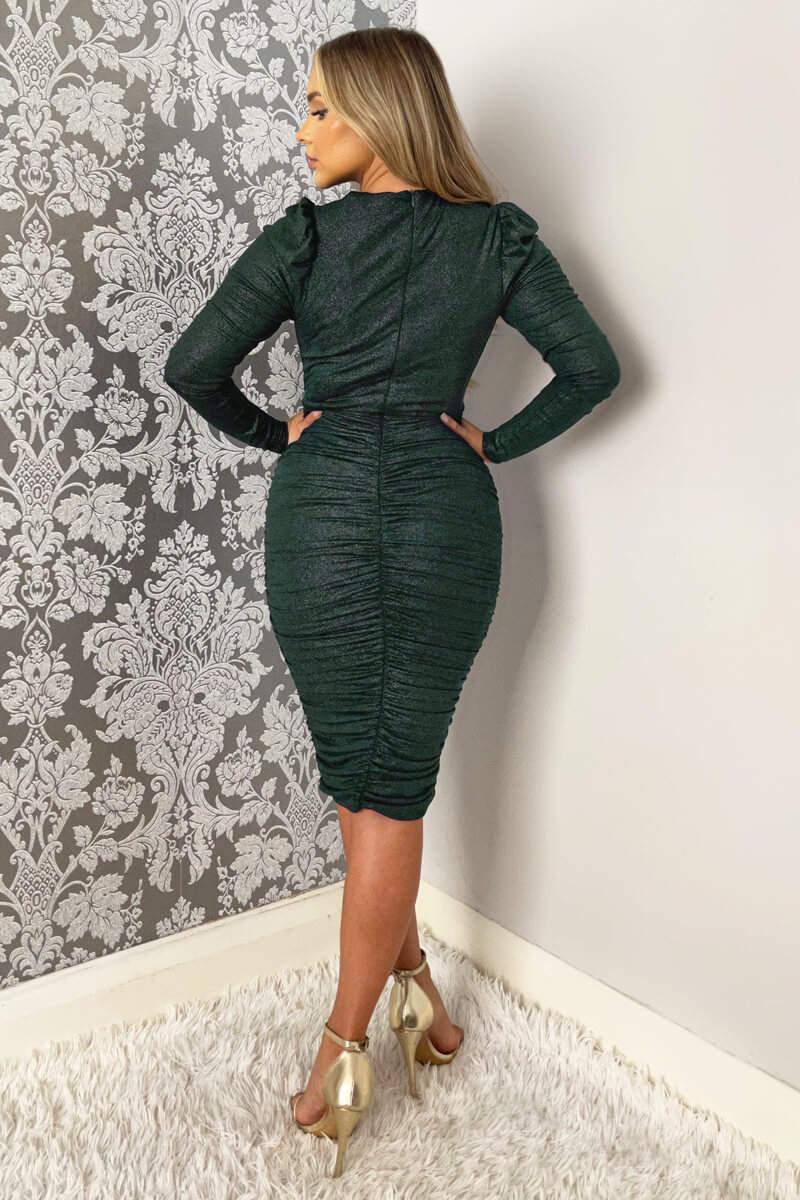Ax Paris Teal Wrap Top Long Sleeve Ruched Shimmer Bodycon Midi Dress
