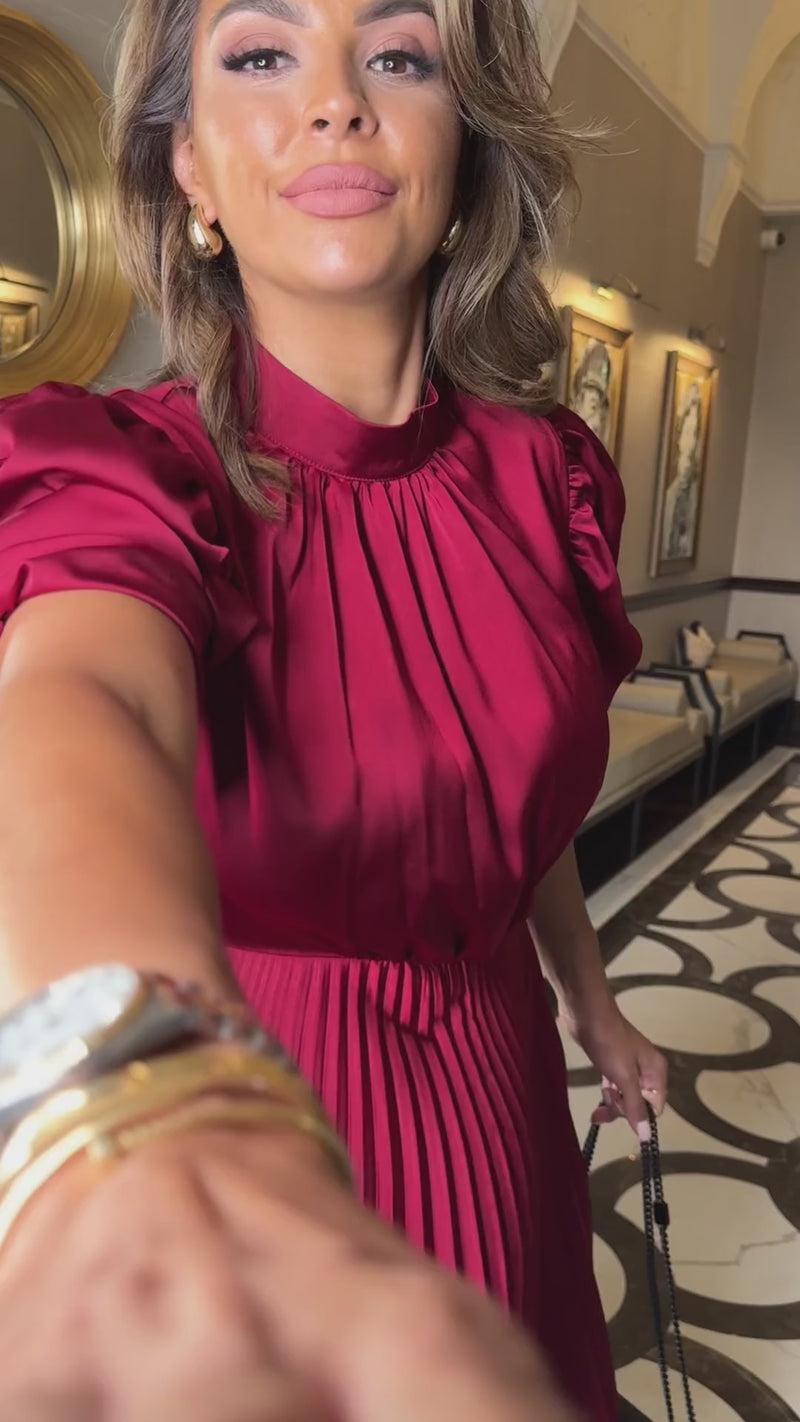 Ax Paris Wine High Neck Puff Sleeve Zig Zag Hem Pleated Midi Dress