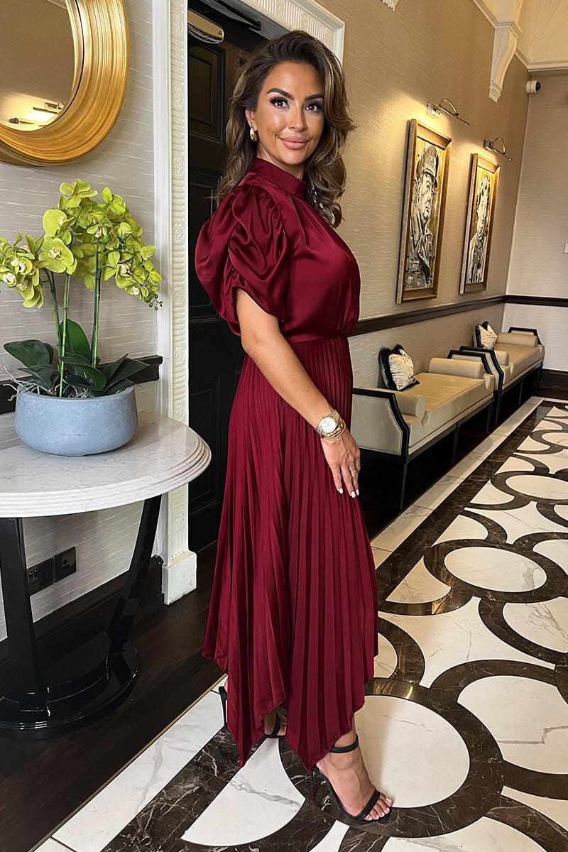 Ax Paris Wine High Neck Puff Sleeve Zig Zag Hem Pleated Midi Dress
