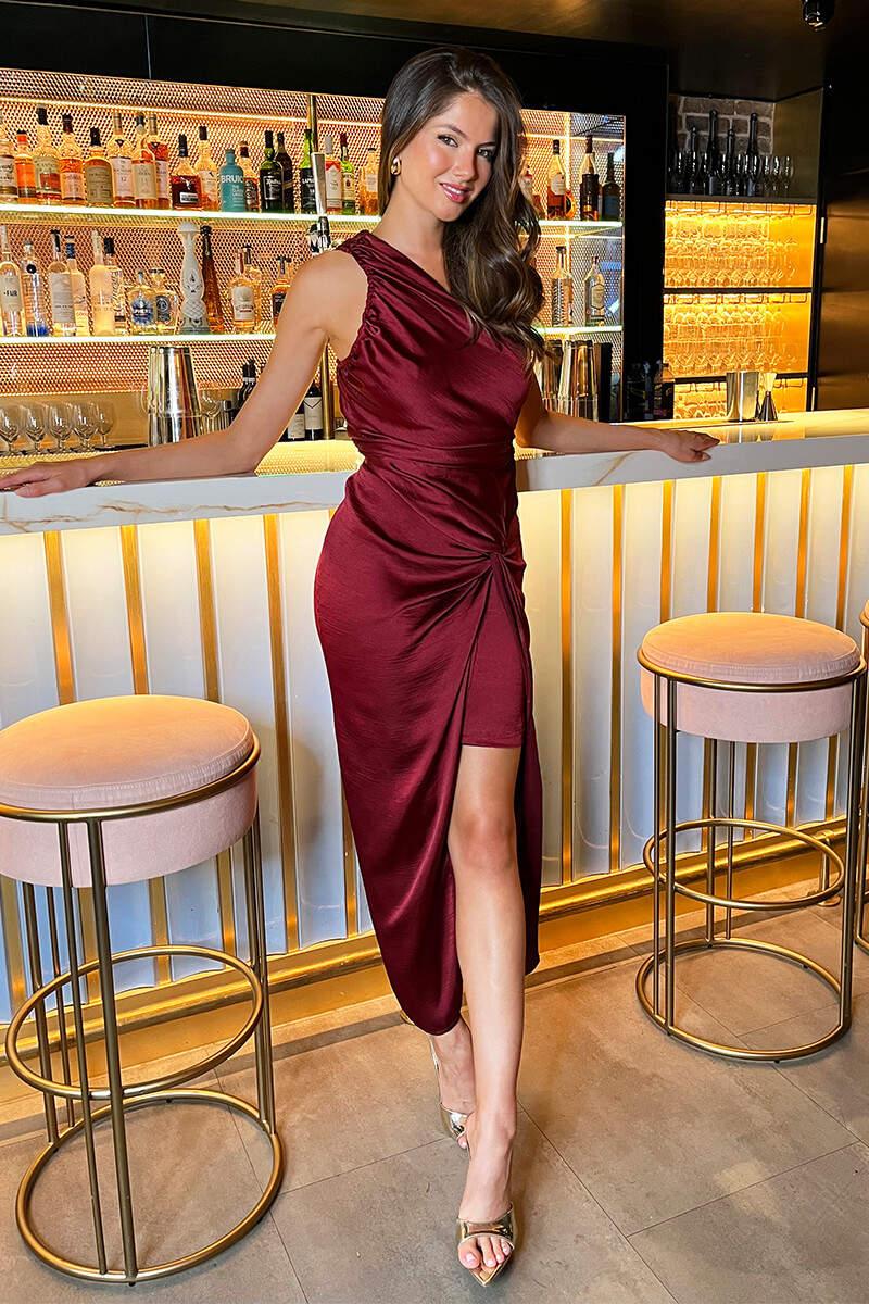 Ax Paris Wine One Shoulder Knot Skirt Satin Midi Dress