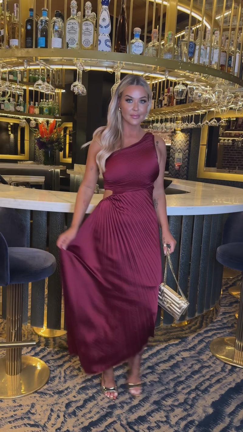 Ax Paris Wine One Shoulder Pleated Satin Midi Dress
