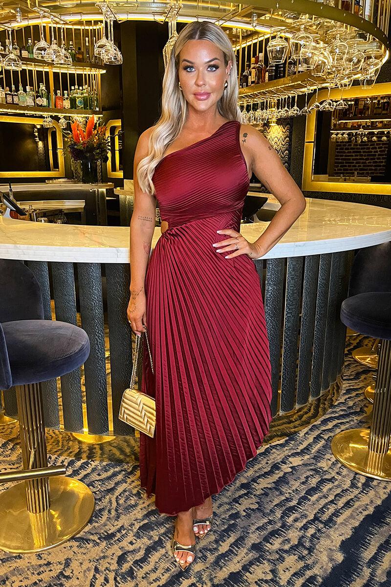 Ax Paris Wine One Shoulder Pleated Satin Midi Dress