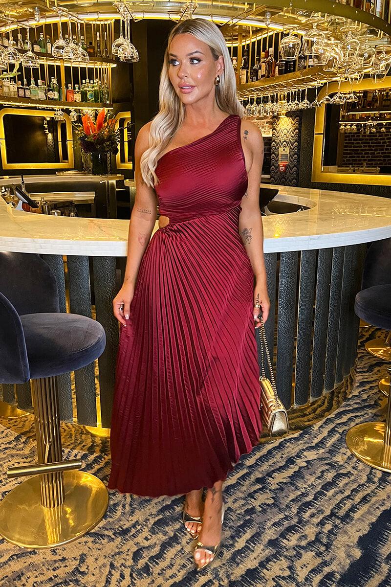 Ax Paris Wine One Shoulder Pleated Satin Midi Dress