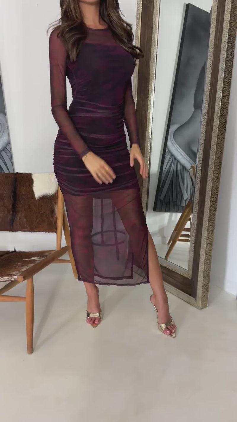 Ax Paris Wine Printed Mesh Overlay Long Sleeve Bodycon Midi Dress