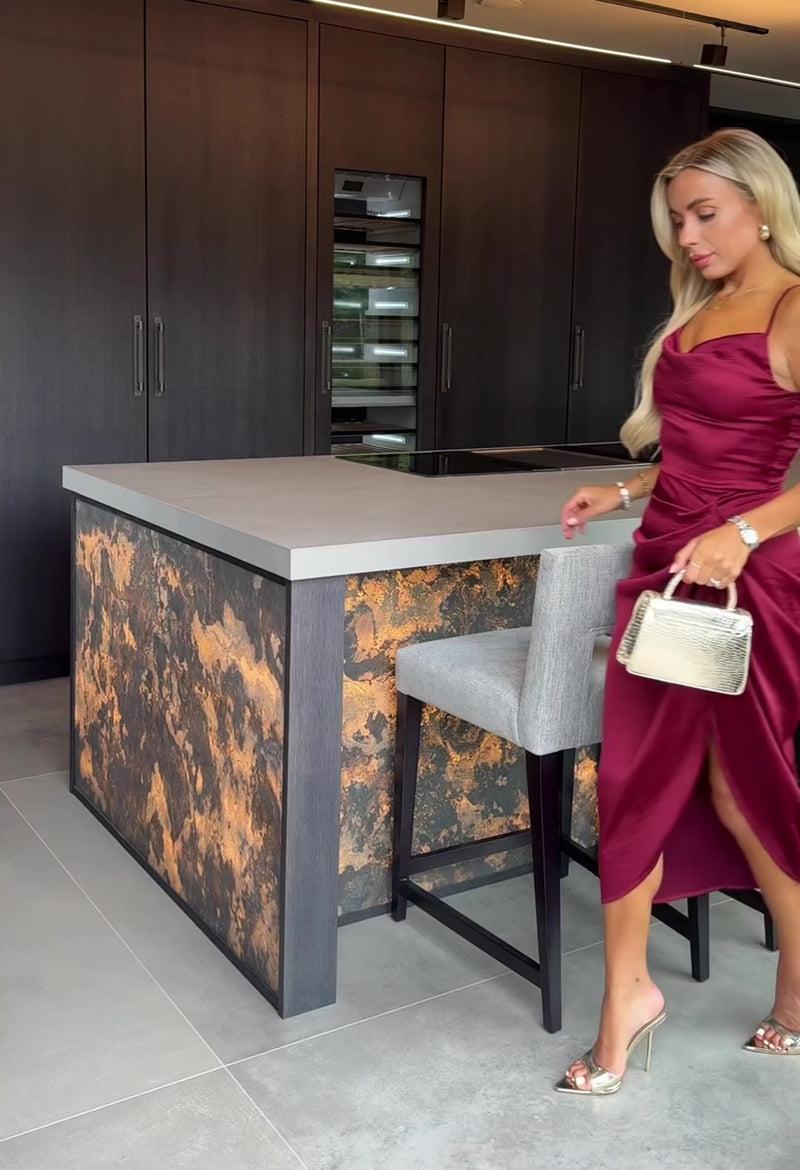 Ax Paris Wine Satin Strappy Cowl Neck Gathered Skirt Midi Dress