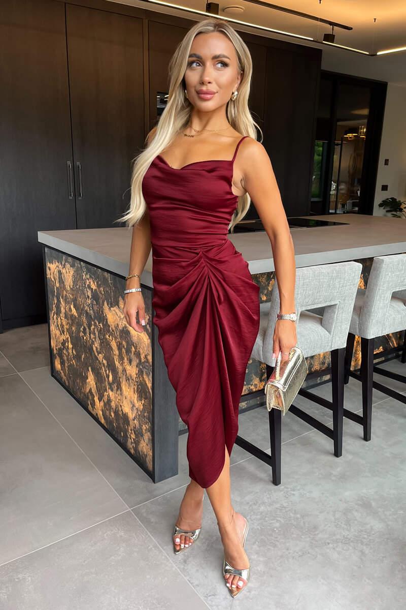 Ax Paris Wine Satin Strappy Cowl Neck Gathered Skirt Midi Dress