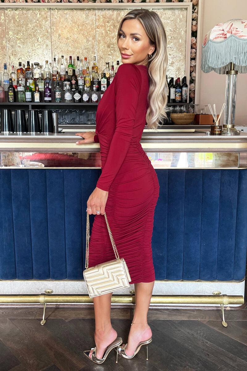 Ax Paris Wine Wrap Top Long Sleeve Ruched Bodycon Midi Dress