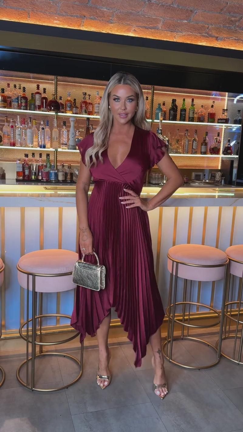 Ax Paris Wine Wrap Top Zig Zag Hem Pleated Midi Dress