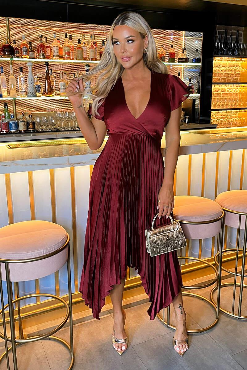 Ax Paris Wine Wrap Top Zig Zag Hem Pleated Midi Dress