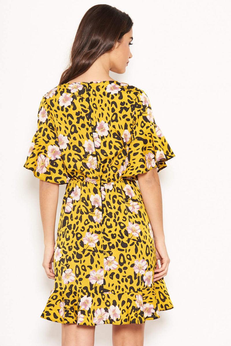 Ax Paris Yellow Animal Print Dress With Floral Detail